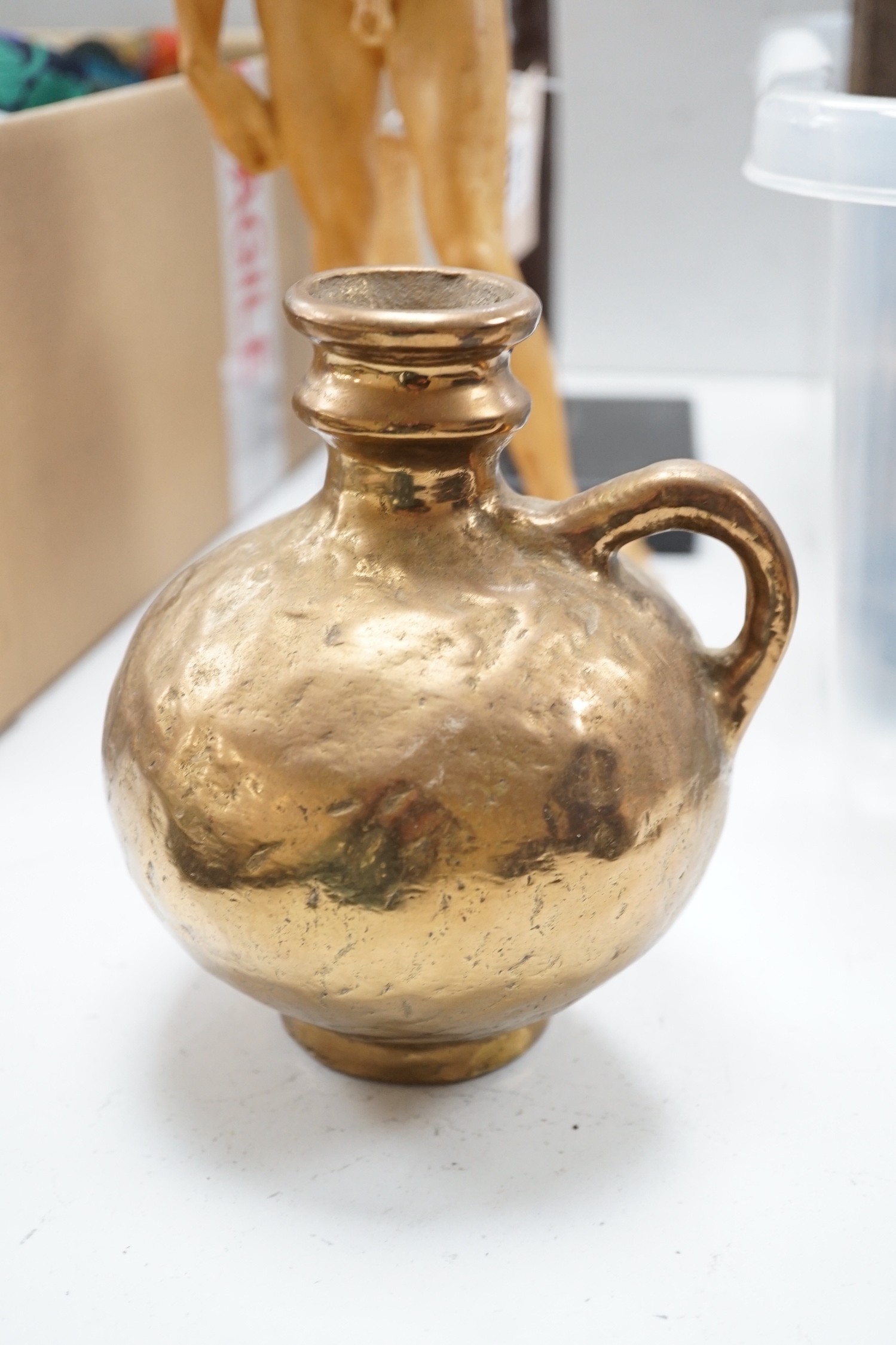 After Michelangelo - David, signed Ruggeri, a cast metal monopodia, bronze ewer and pressed glass carafe, tallest 83cms high